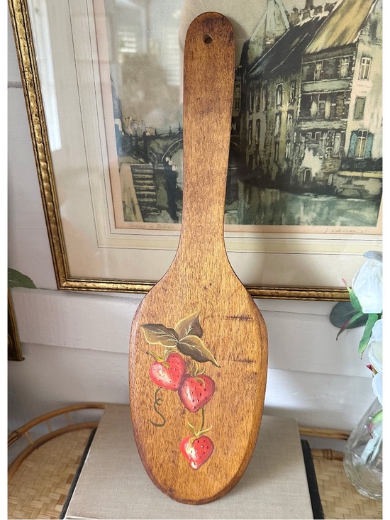 Other - Vintage Wooden Butter Paddle With Hand Painted Strawberry Floral Design 15.25”